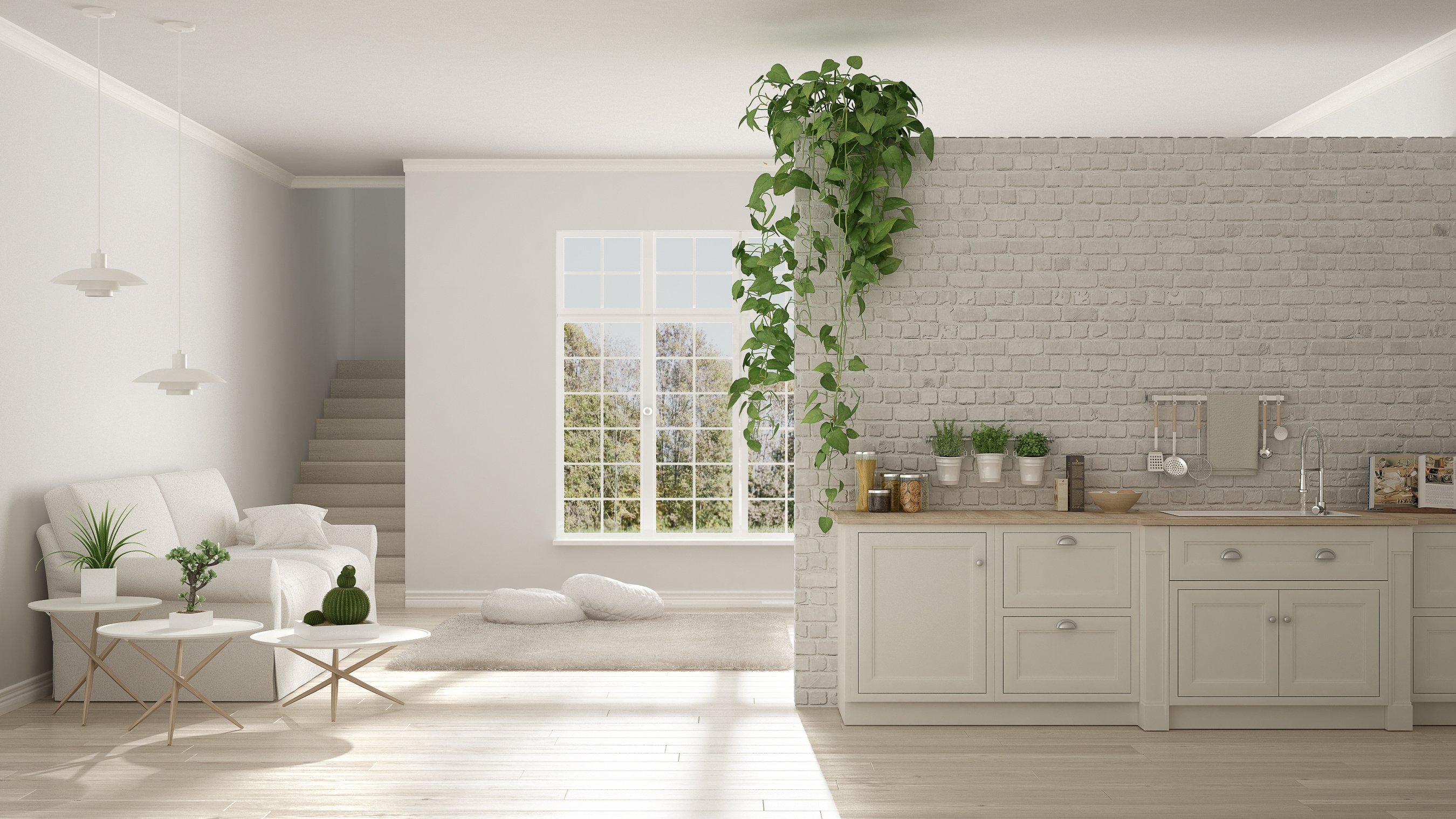 Scandinavian white minimalist living with kitchen, open space, one room apartment, classic interior design